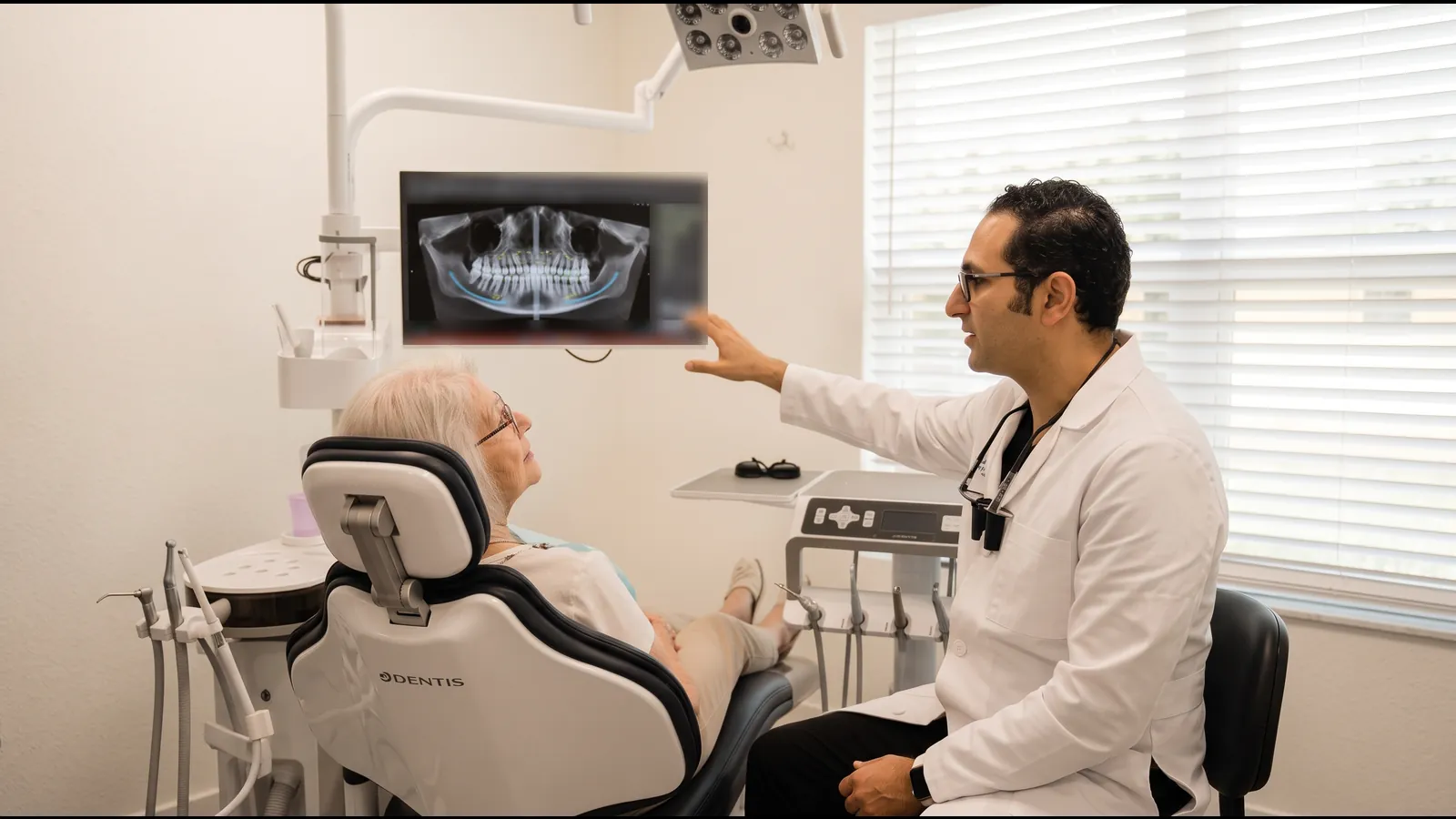 Dr. Walied Eldomiaty, periodontist, reviewing a 3D dental scan on the monitor with a patient during an All-on-4 consultation