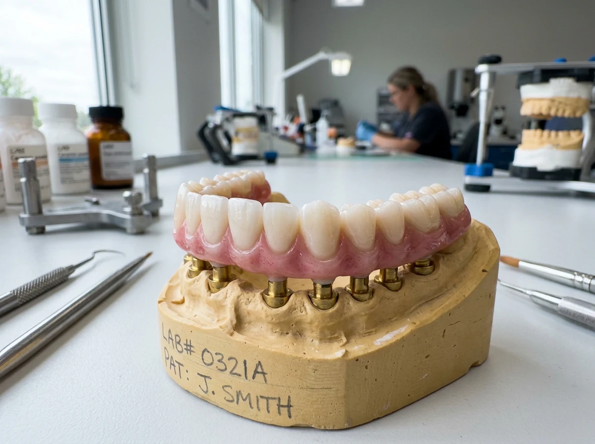 Custom full-arch zirconia implant prosthesis on precision dental model at Aloha Dental