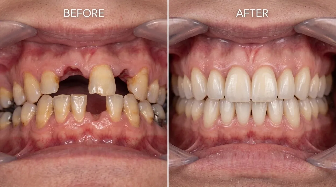 Before and after dental implant treatment: missing and worn front teeth, then a full set of restored front teeth