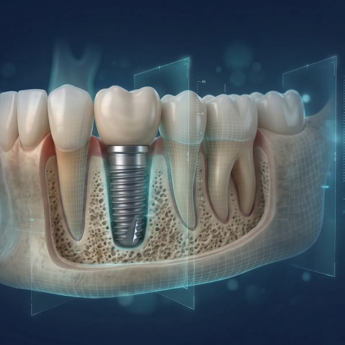 3D illustration of a dental implant post and crown set in the jawbone between natural teeth