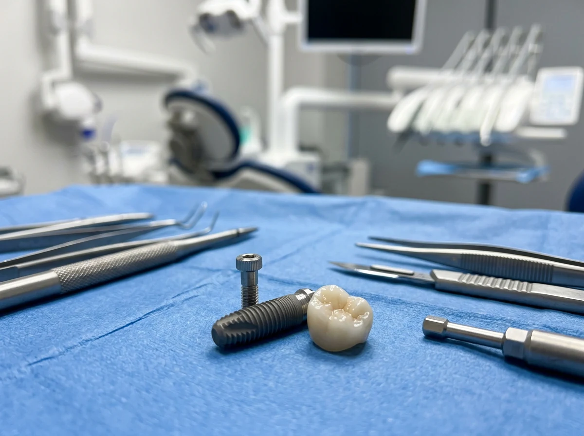Precision titanium dental implant fixture and ceramic crown on sterile surgical field at Aloha Dental Specialty Center