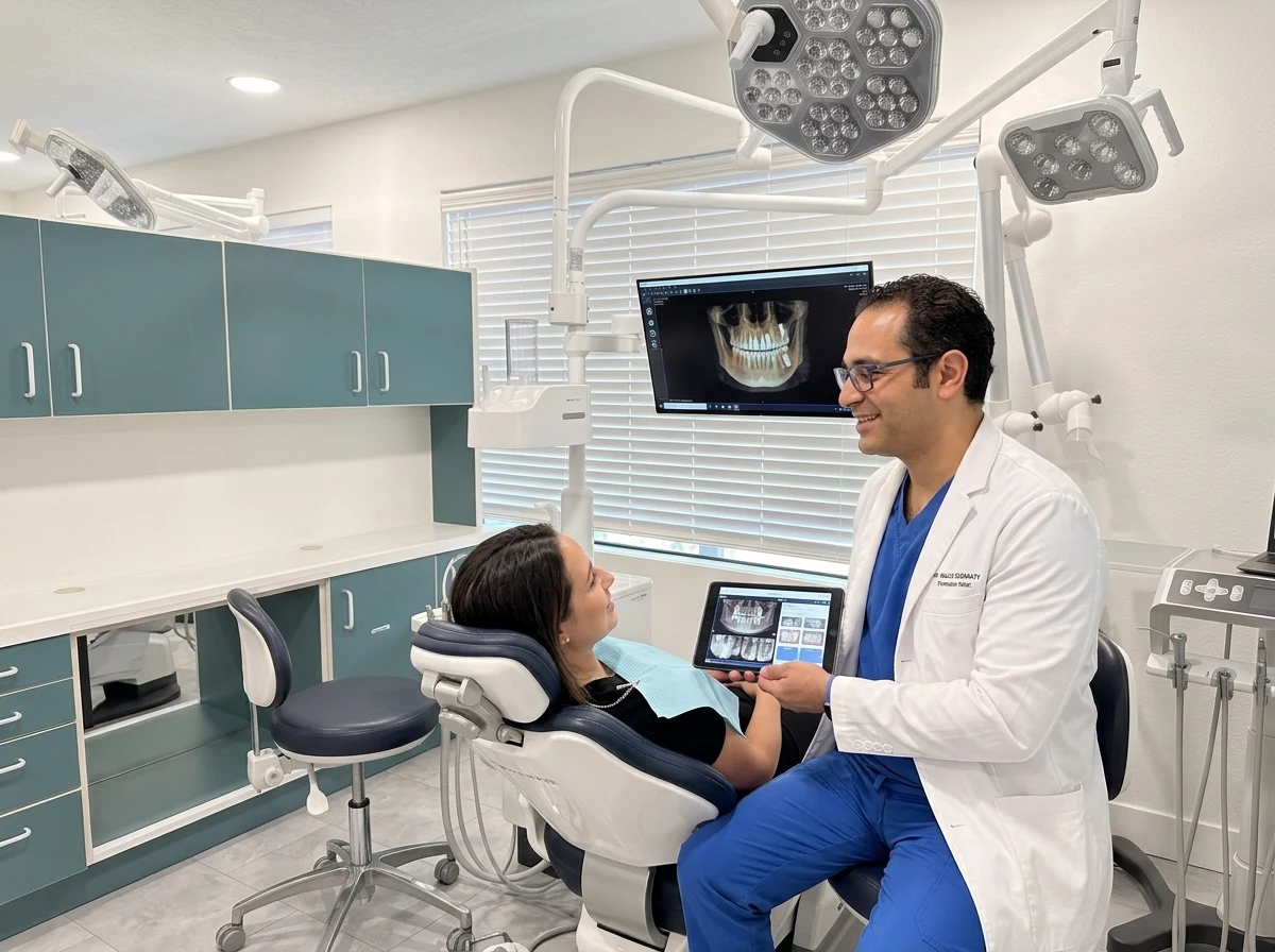 Dr. Walied Eldomiaty discussing surgical tooth extraction and socket preservation with a patient
