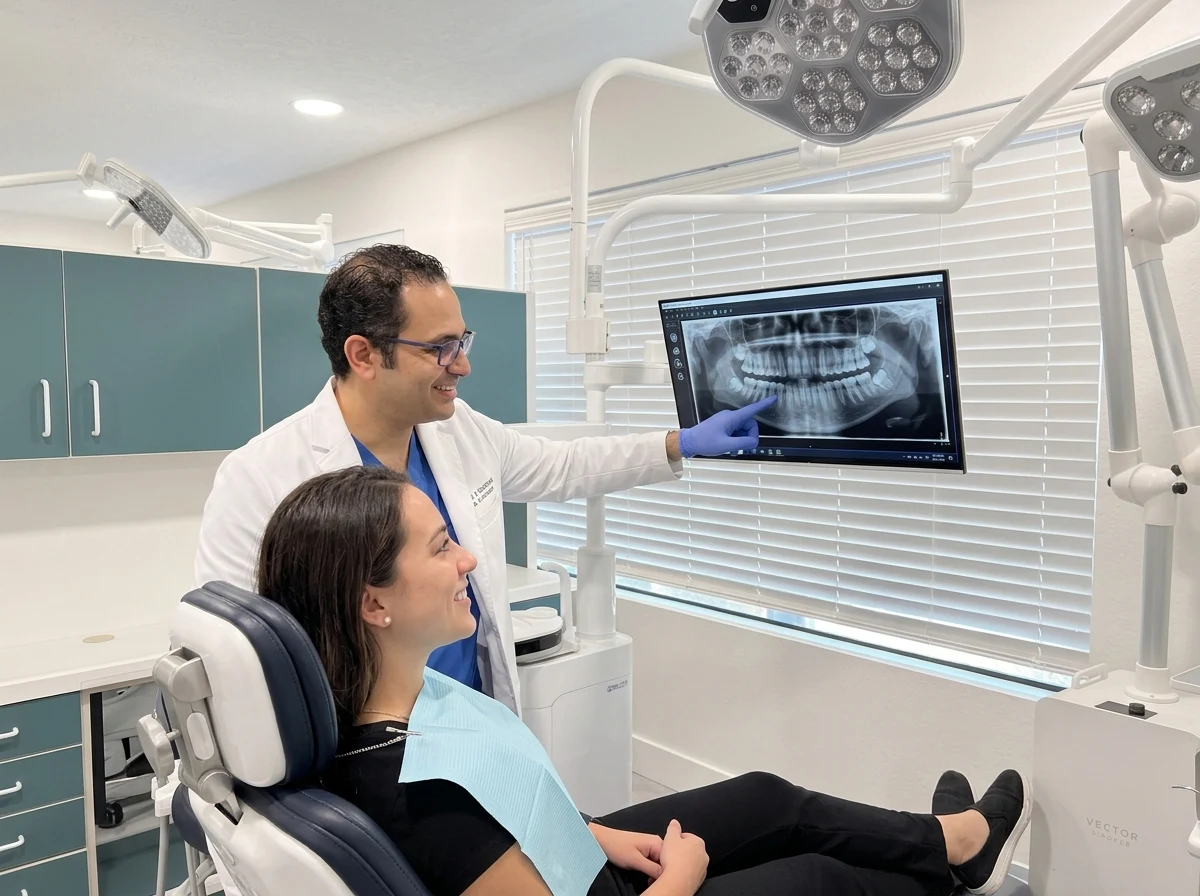 Dr. Walied Eldomiaty reviewing digital panoramic radiograph of wisdom teeth with a patient