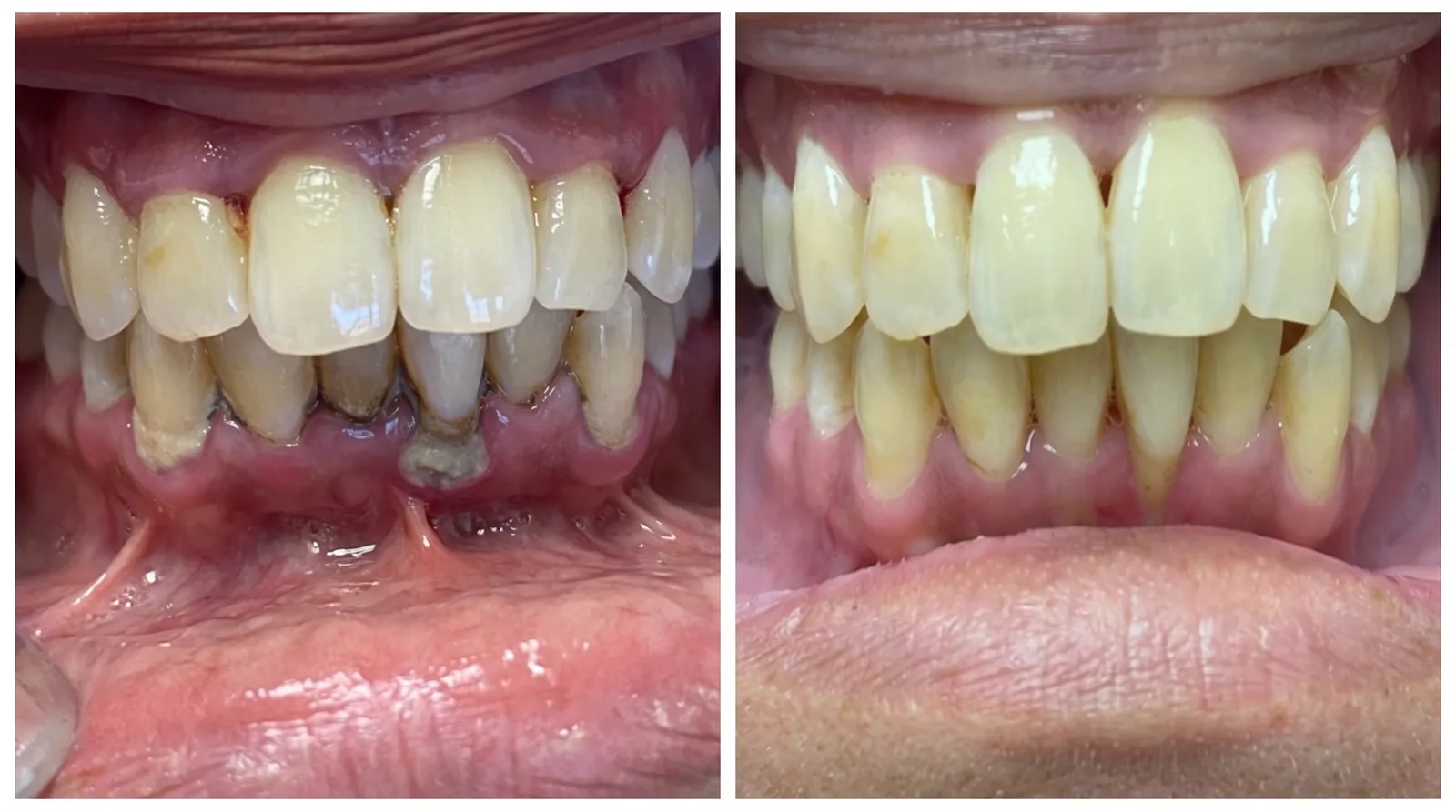 Before and after LANAP laser gum treatment: inflamed gums with heavy tartar, then healthier gums