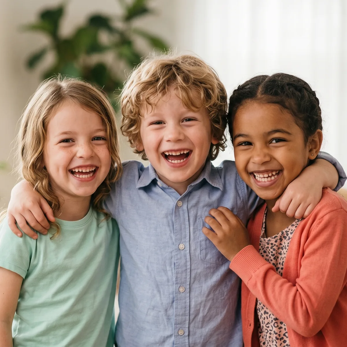 Three young children laughing together with their arms around each other in a bright room with green plants