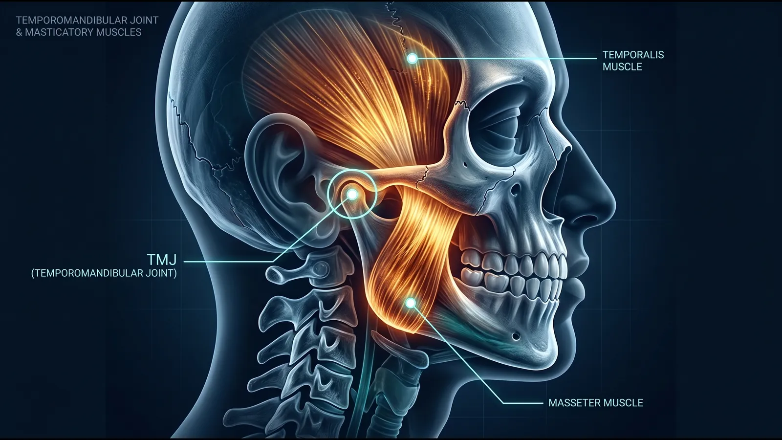 Illustration of the temporomandibular joint (TMJ) with the temporalis and masseter jaw muscles highlighted