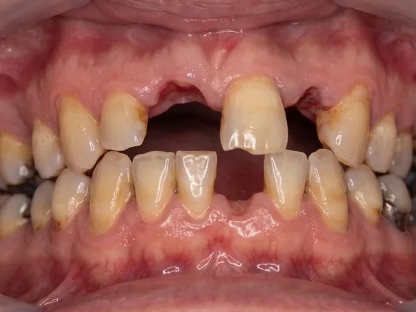 Before: several upper front teeth are missing, with wide gaps and worn, stained teeth