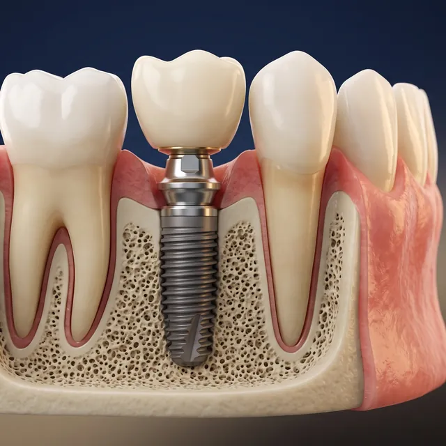 Illustration of a crown restored on a dental implant between natural teeth