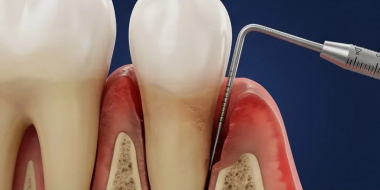 Illustration of a periodontal probe measuring the depth of a gum pocket