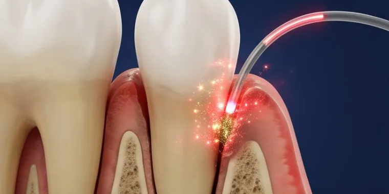 Illustration of a laser fiber inside the gum pocket targeting diseased tissue
