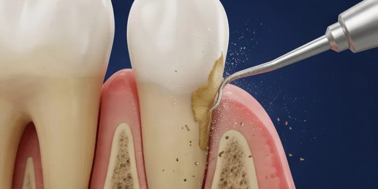 Illustration of an ultrasonic instrument removing tartar from the root surface