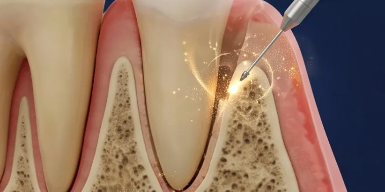 Illustration of an instrument preparing the bone surface at the base of the pocket
