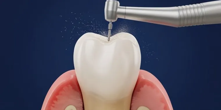Illustration of a dental handpiece adjusting the biting surface of a tooth
