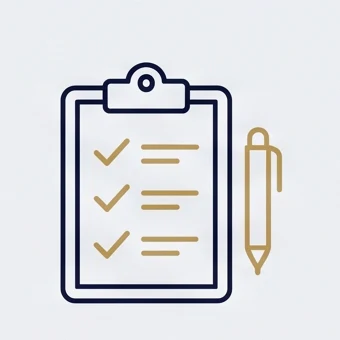 Line icon of a clipboard checklist with a pen, stage two of the implant journey