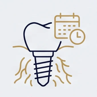 Line icon of an implant with bone lines next to a calendar and a clock, stage five of the implant journey