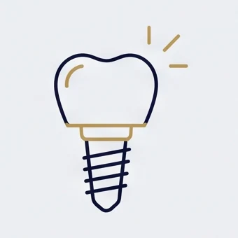 Line icon of a crown joined to an implant post by an abutment, stage six of the implant journey